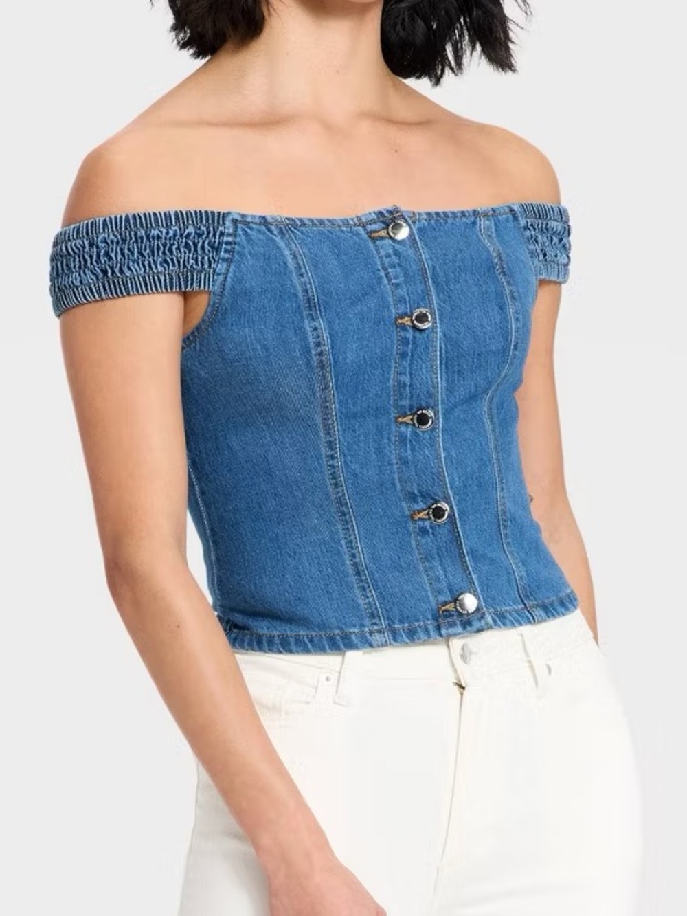 🆕 Universal Thread Denim Blue Off-Shoulder Crop Top - L